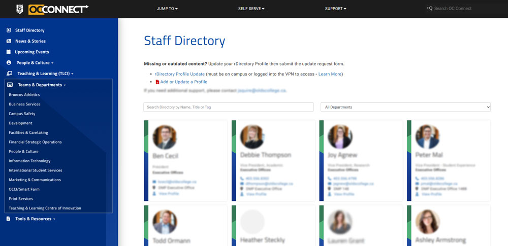 Snapshot of the OC Connect Staff Driectory featuring filters, search functionality and profile cards.